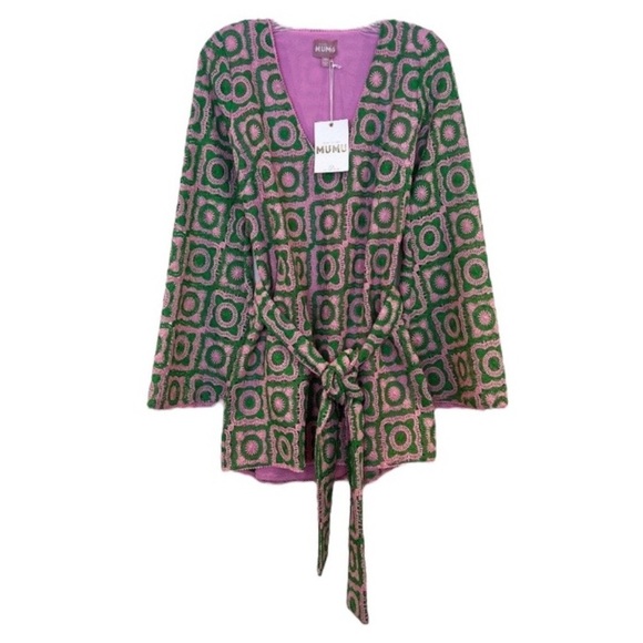 Show Me Your Mumu Treasure Green Pink Crochet Bell Sleeve Mini Dress XS NWT - Picture 2 of 11